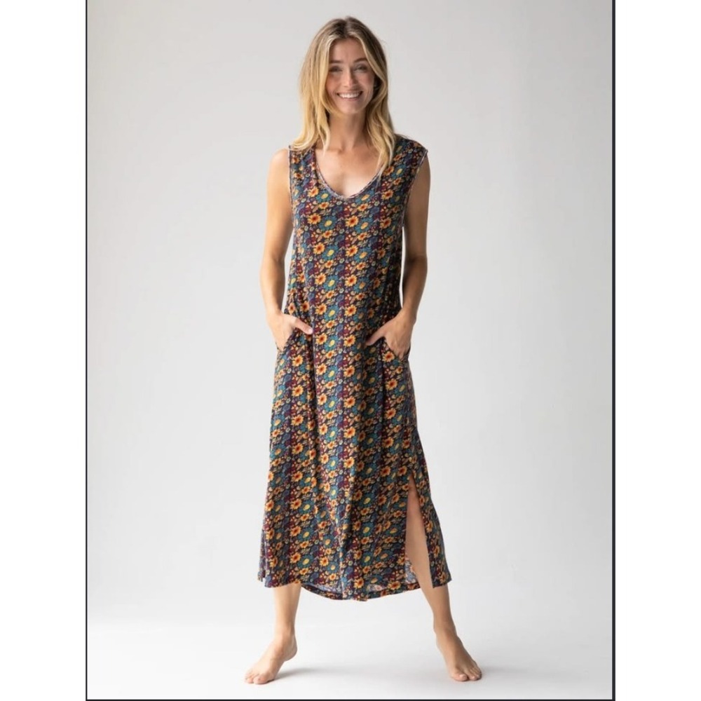 Natural Life Hangout Cotton Floral Dress Sunflower Dress Boho Relaxed Size M